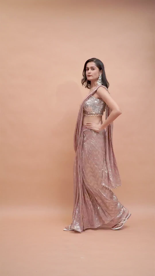 Naya Pink Georgette Sequins Ready to Wear One Minute Saree