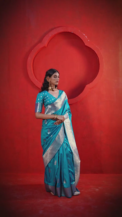 Giana Teal Two-Tone Handloom Weaving Silk One Minute Saree