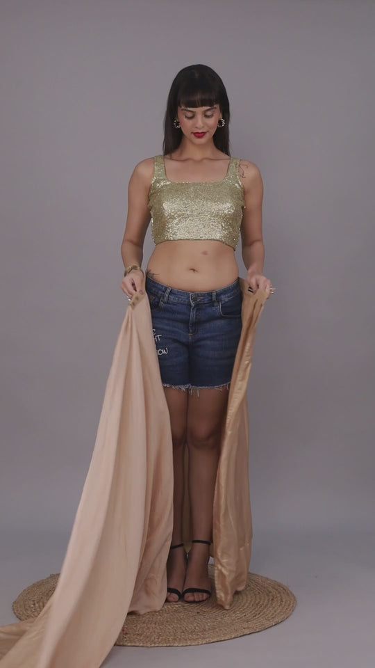 Meera Peach &amp; Gold Crepe Shimmer Cruch Ready to Wear One Minute Saree