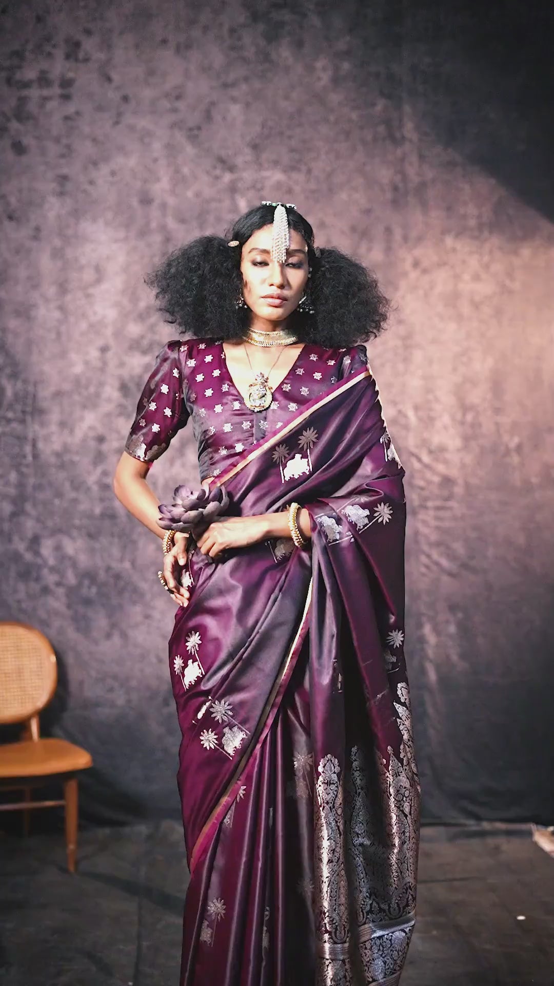 Shayna Pichwai Burgundy Silk Foil Print Saree