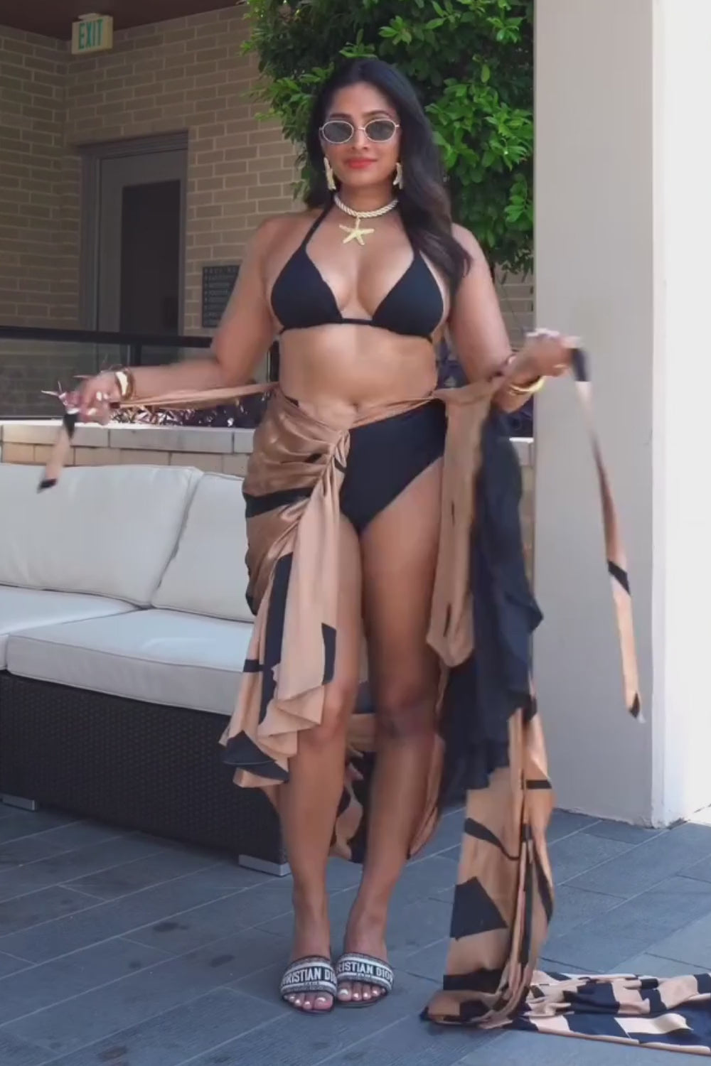 Tesha Camel & Black Satin Silk Sarong Saree