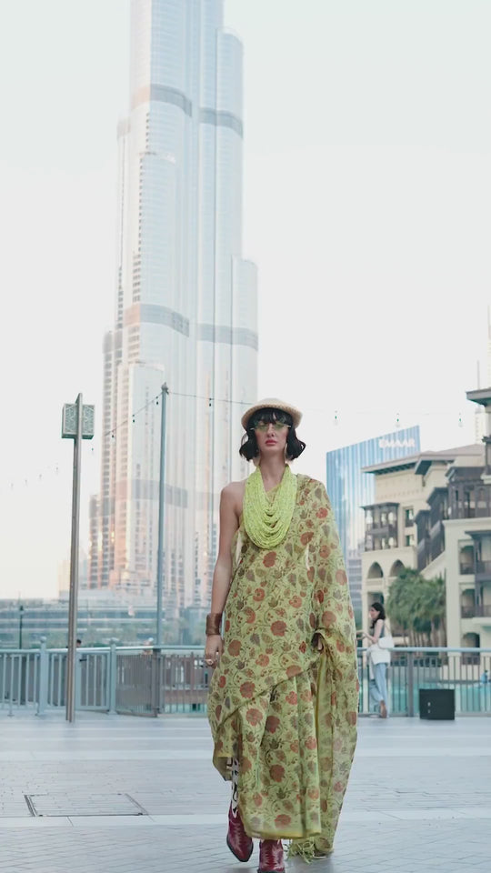 Ayesha Green Printed Zari Tissue One Minute Saree