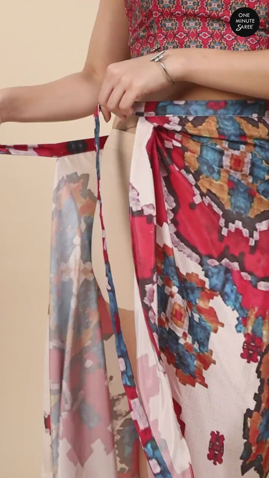 Kriss White Multi Kantha Digital Print Crepe Silk Sarong Saree