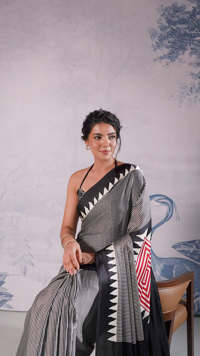 Aiko Black Ajrakh Print Satin Ready to Wear One Minute Saree