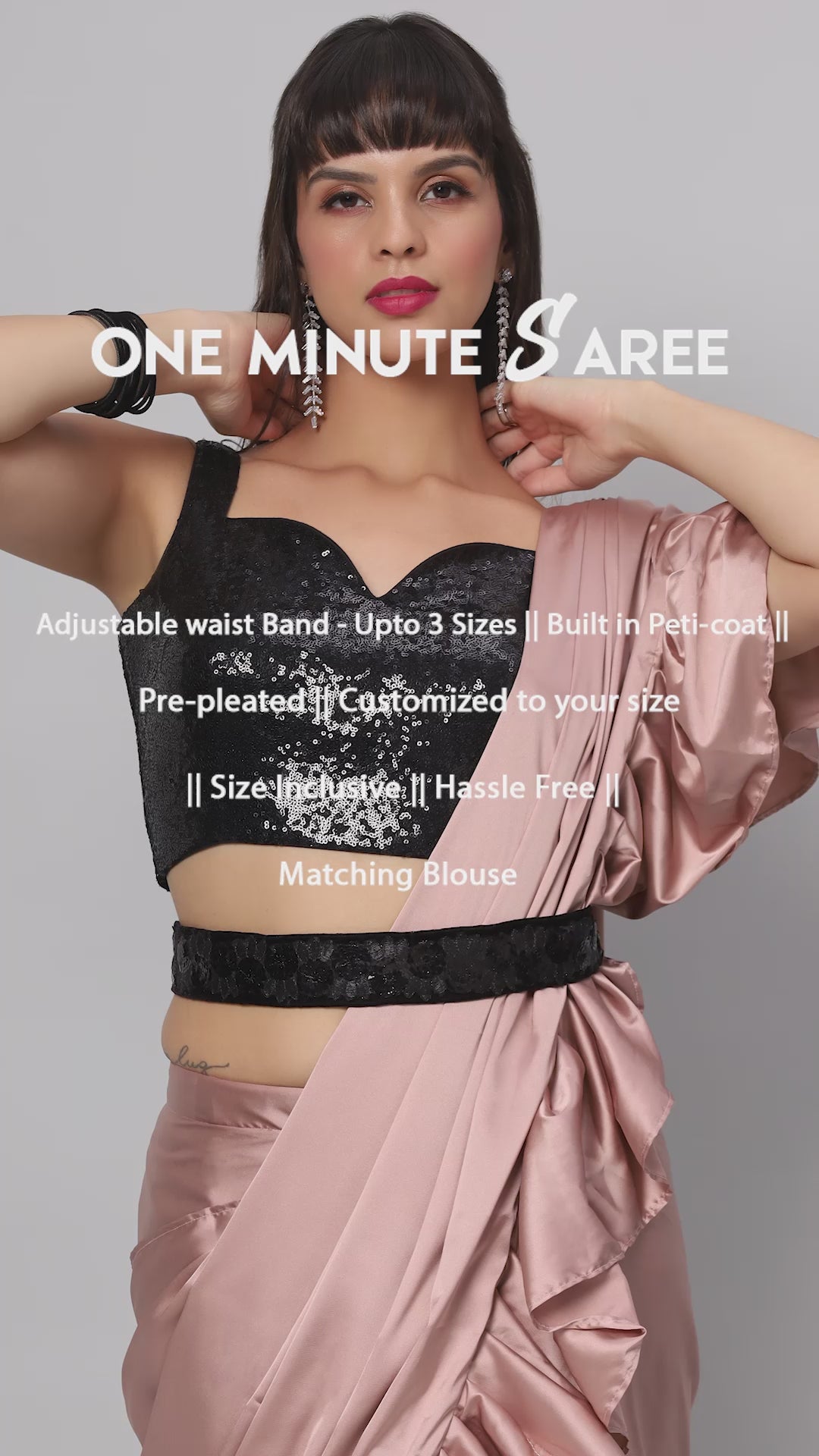 Priya Dusty Rose Satin Flat Ruffle Ready to Wear One Minute Saree