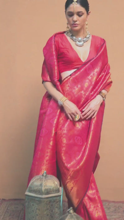 Petra Pink Silk Foil Print Floral One Minute Saree