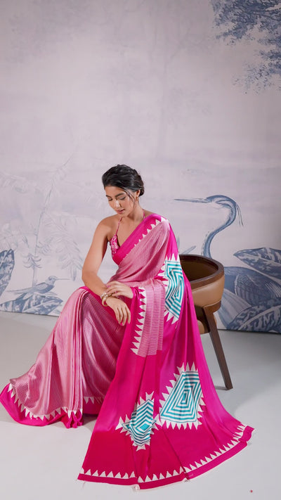 Aiko Pink Ajrakh Ajrakh Print Satin Ready to Wear One Minute Saree