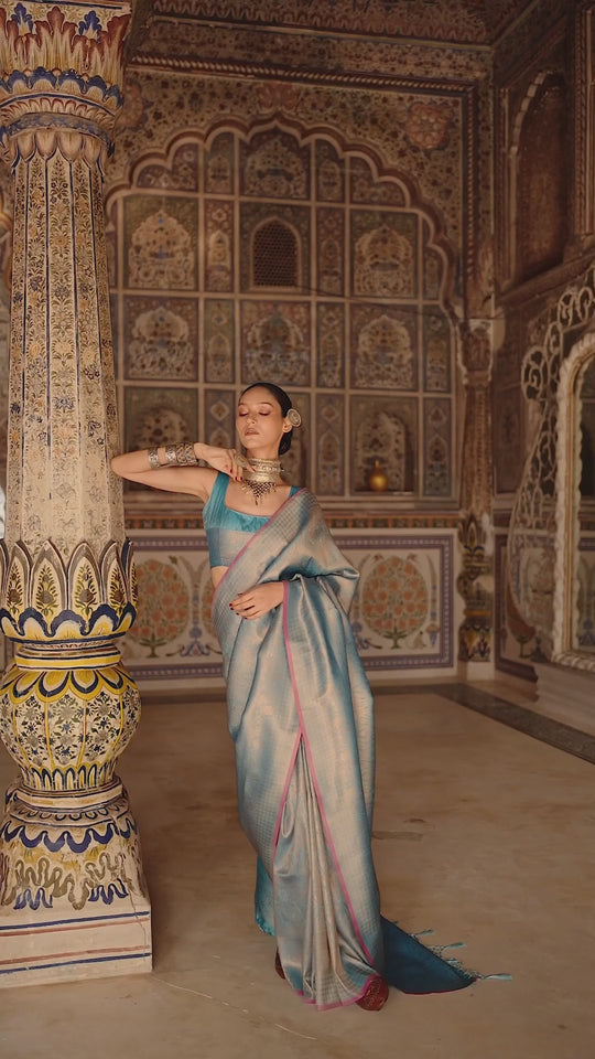 Shana Blue Silk Woven Ready to Wear One Minute Saree