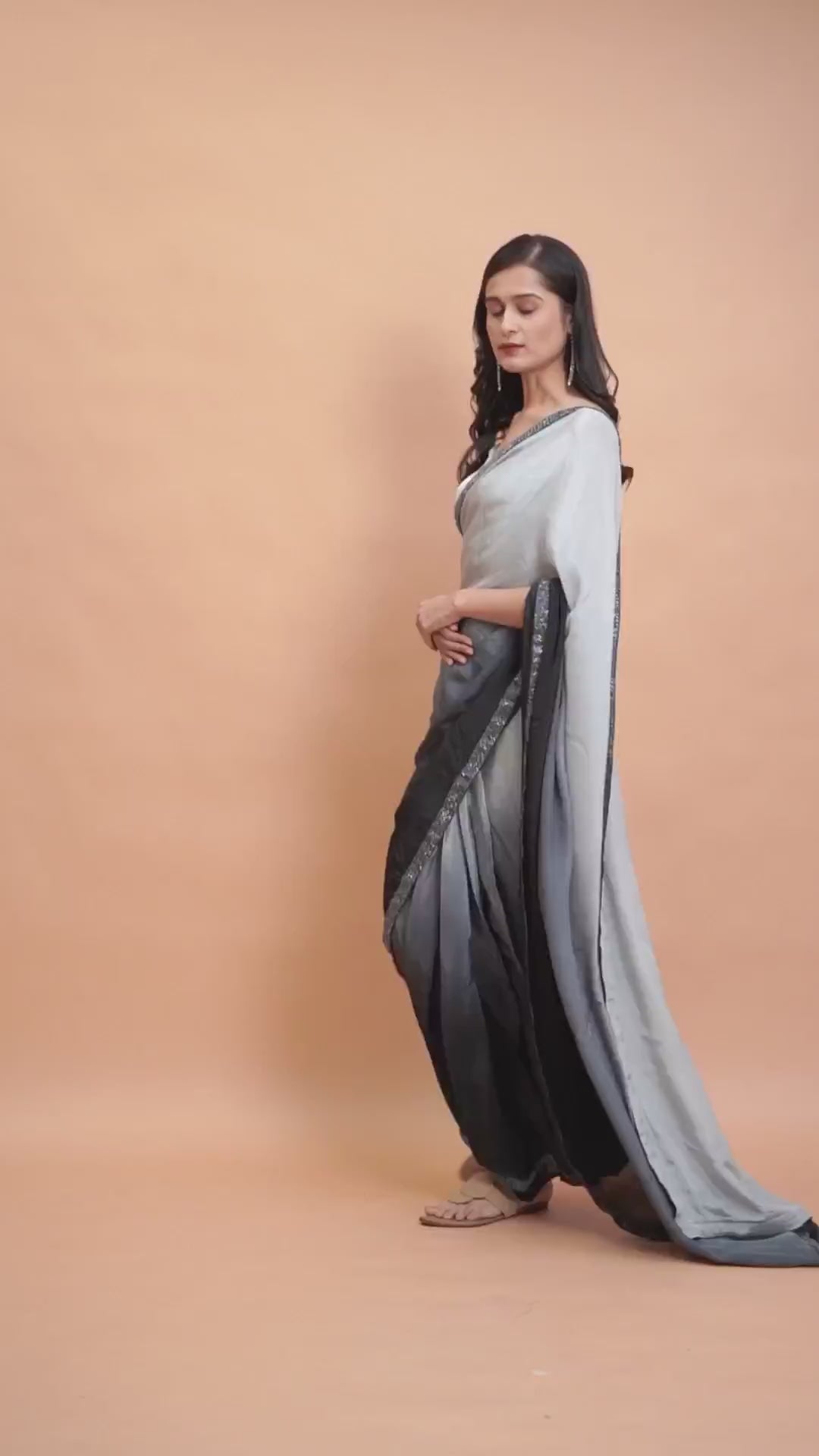 Minali Grey Silk Ombre Beaded Border Ready to Wear One Minute Saree