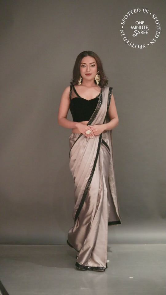 Stella Grey Satin Sequins Ready to Wear One Minute Saree