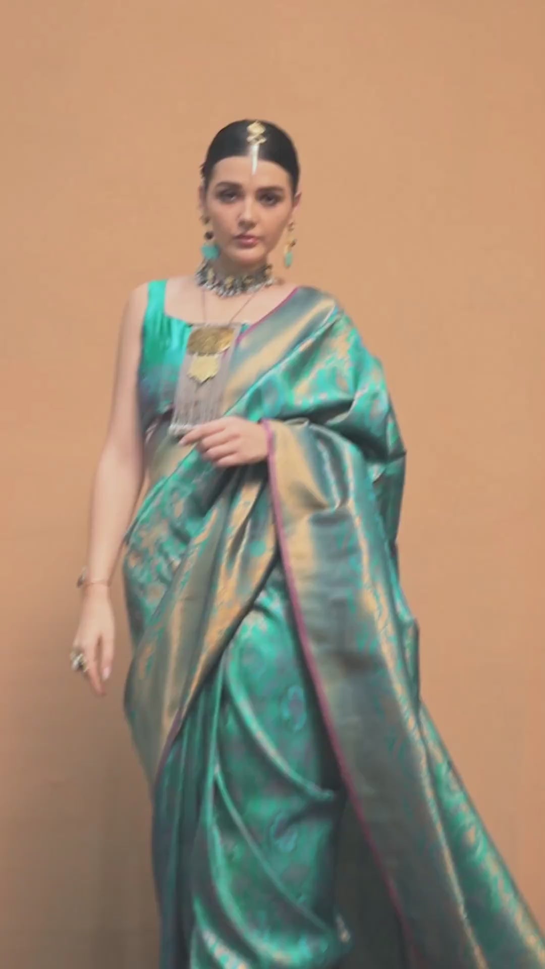 Petra Teal Silk Foil Print Floral One Minute Saree