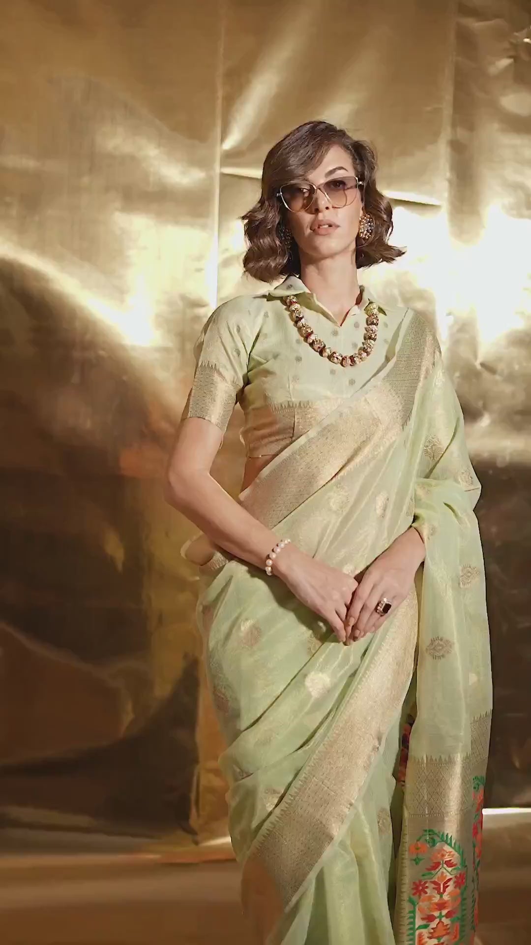 Anika Light Green Zari Tissue Ready to Wear One Minute Saree