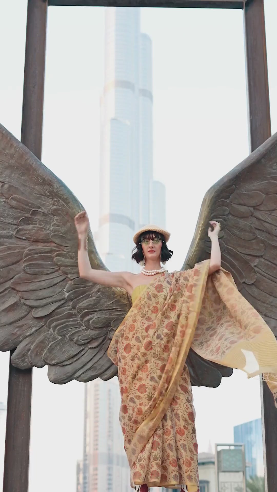 Ayesha Cream Printed Zari Tissue One Minute Saree