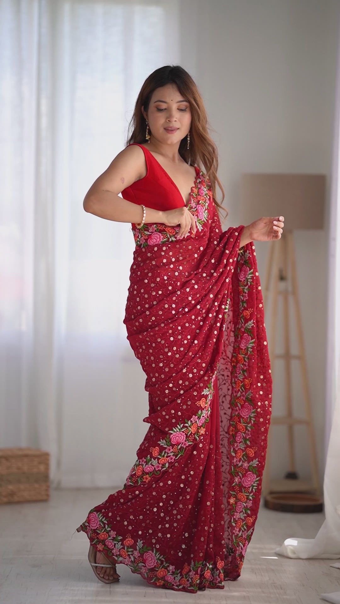 Isabella Red Georgette with Sequins & Floral Work One Minute Saree