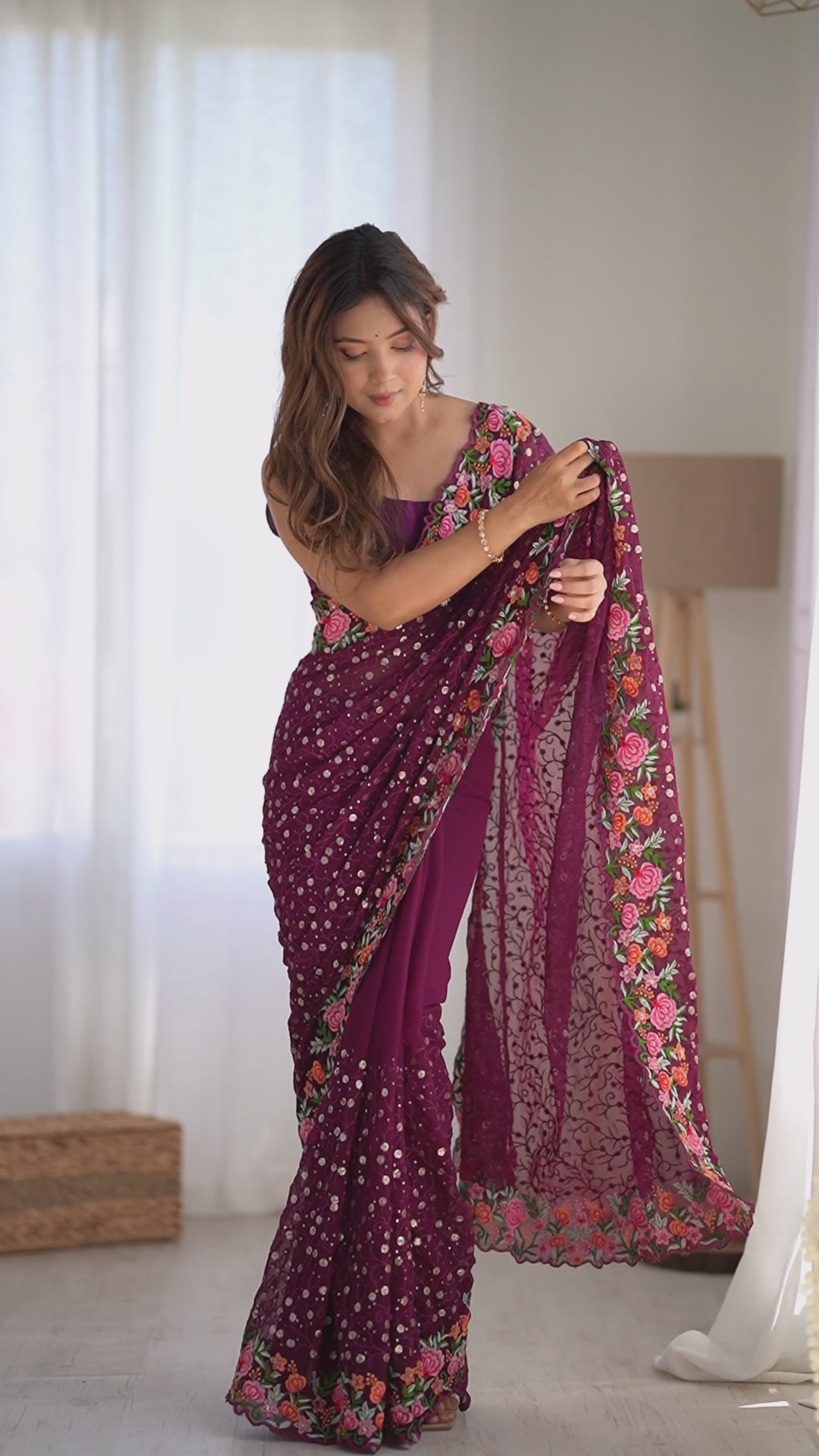 Isabella Wine Georgette with Sequins & Floral Work One Minute Saree
