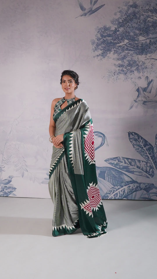 Aiko Dark Green Ajrakh Print Satin Ready to Wear One Minute Saree