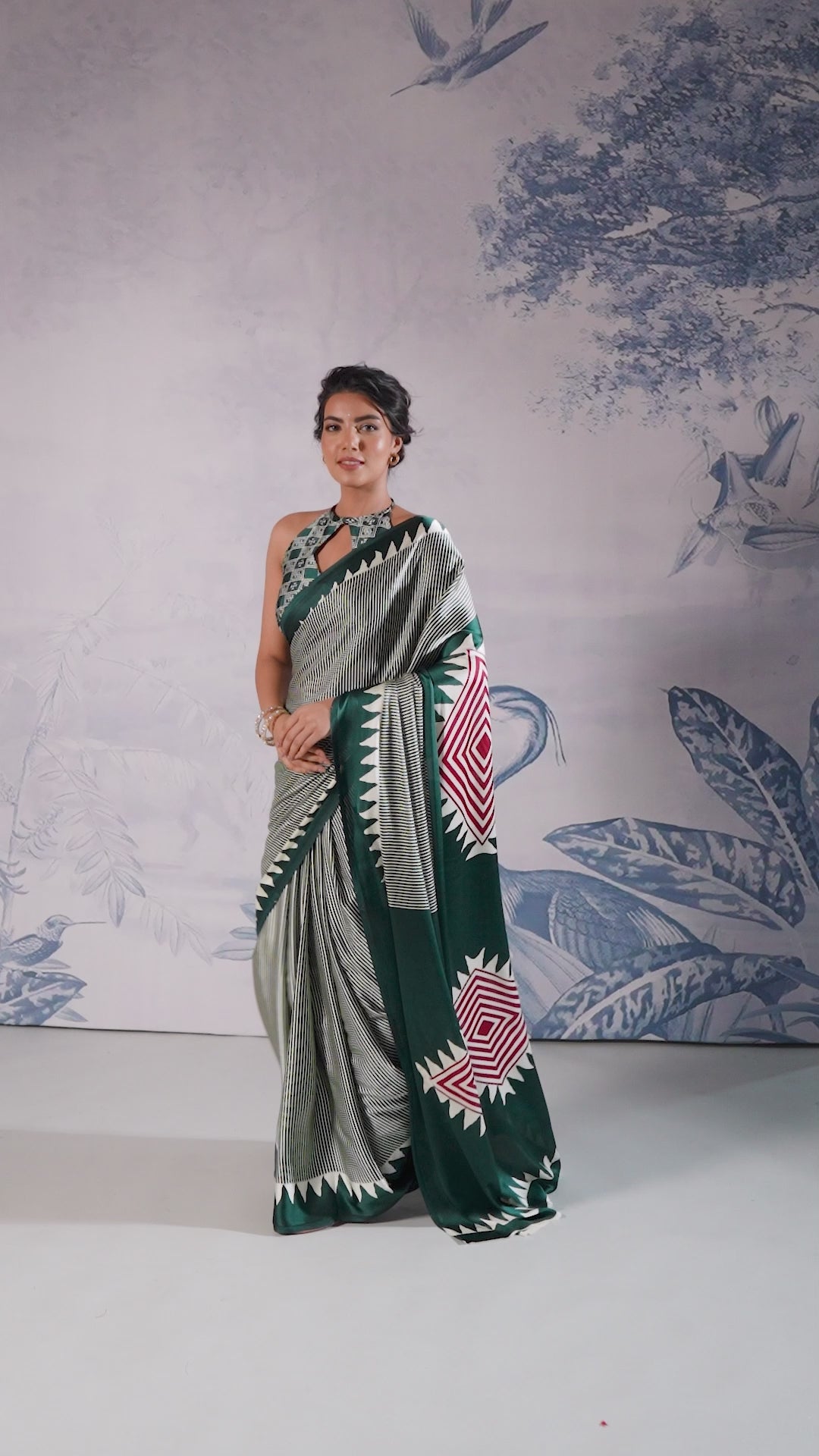 Aiko Dark Green Ajrakh Ajrakh Print Satin Ready to Wear One Minute Saree