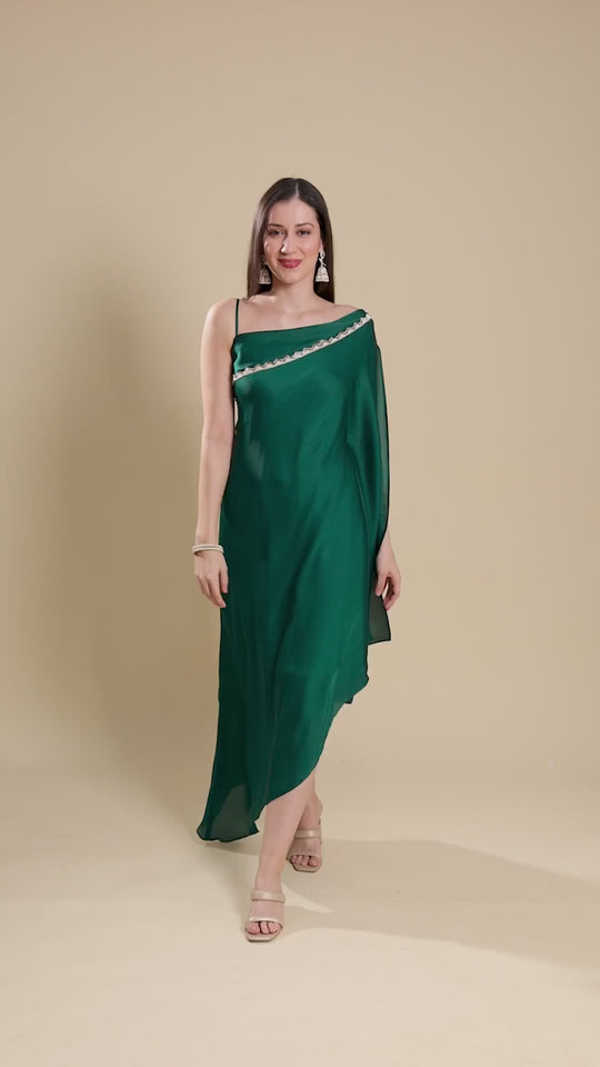 Isla Emerald Green Satin Shoulder Drape Saree Dress