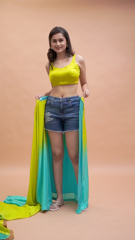 Chandini Turquoise & Lime Ombre Silk Ready to Wear Saree with Gold Sequin Border