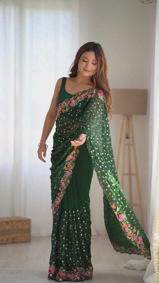 Isabella Emerald Green Georgette with Sequins & Floral Work One Minute Saree