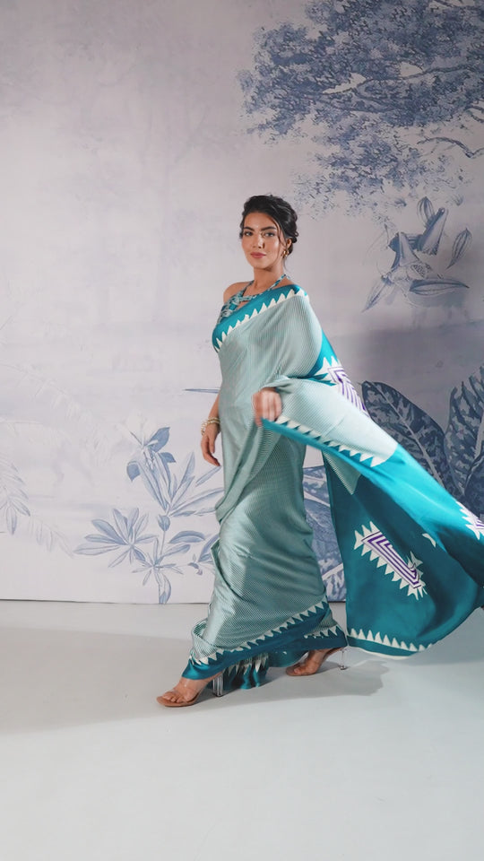Aiko Teal Ajrakh Print Satin Ready to Wear One Minute Saree
