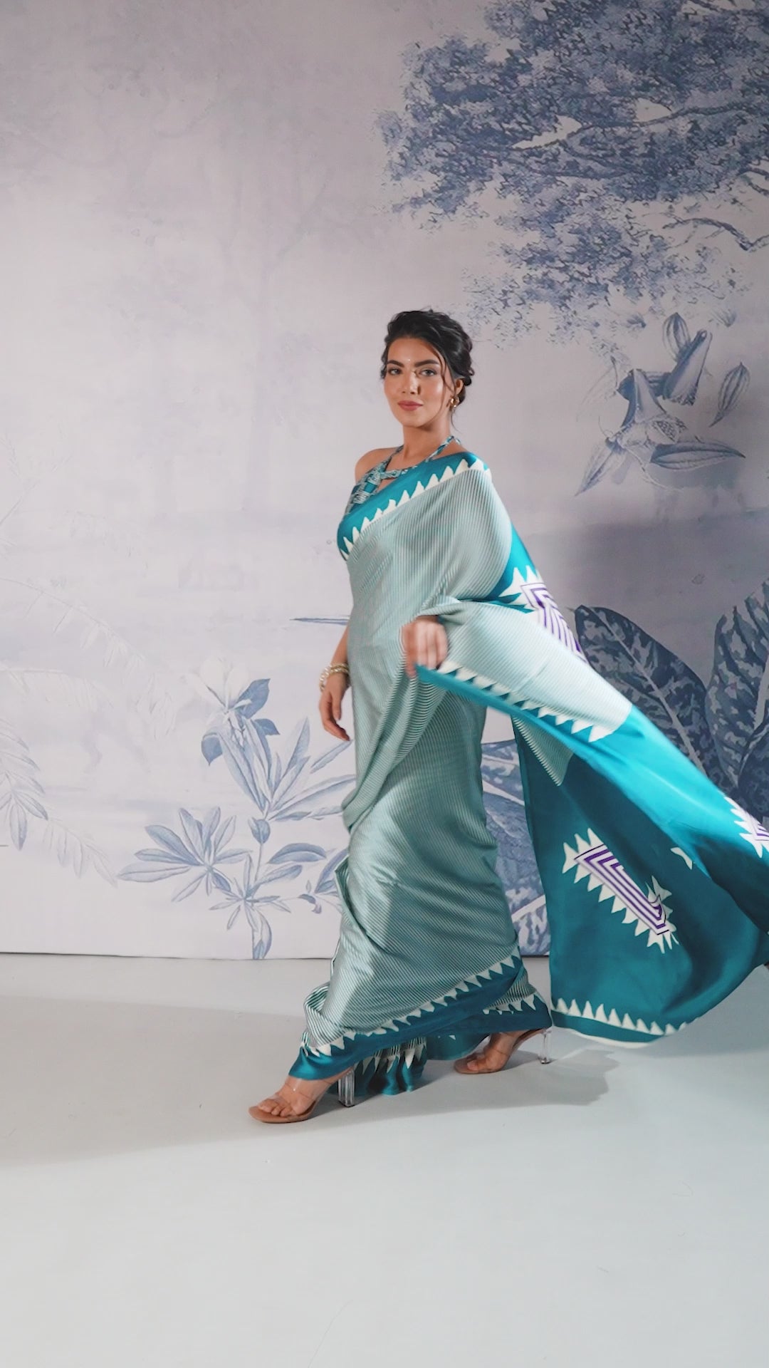 Aiko Teal Ajrakh Ajrakh Print Satin Ready to Wear One Minute Saree