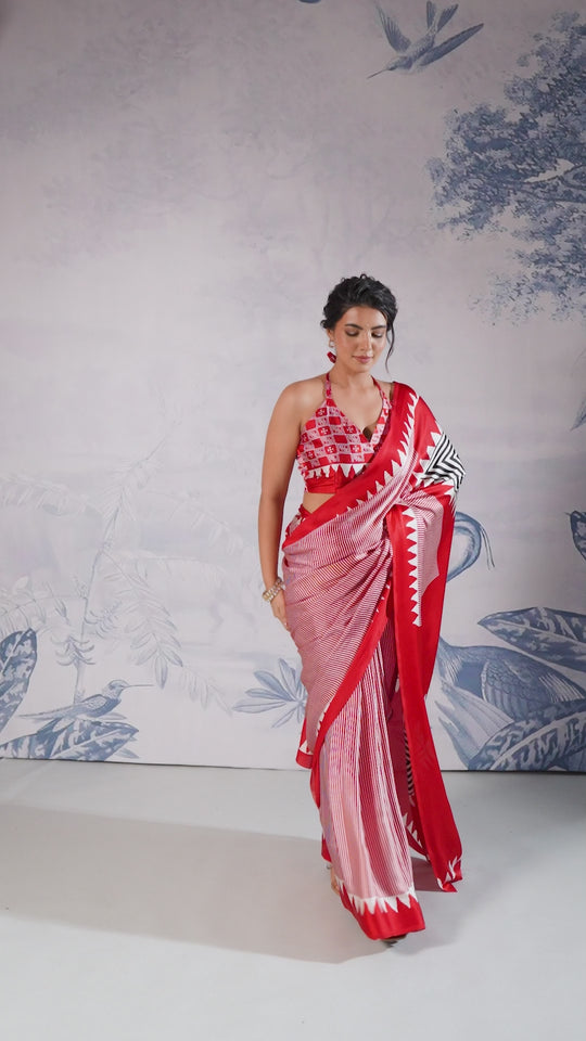 Aiko Red Ajrakh Print Satin Ready to Wear One Minute Saree