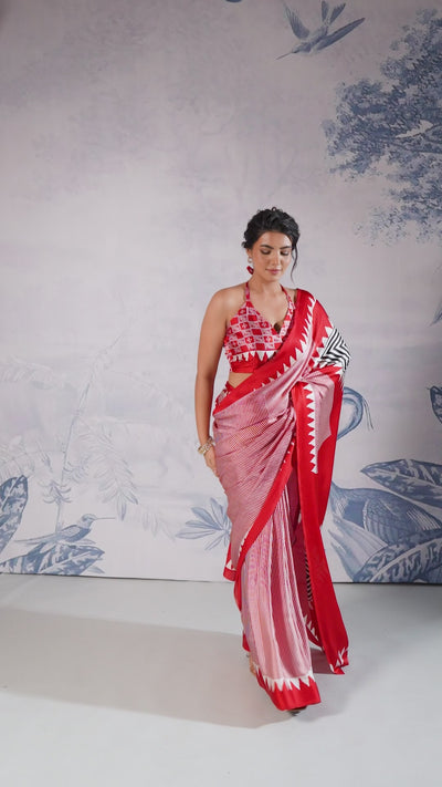 Aiko Red Ajrakh Ajrakh Print Satin Ready to Wear One Minute Saree