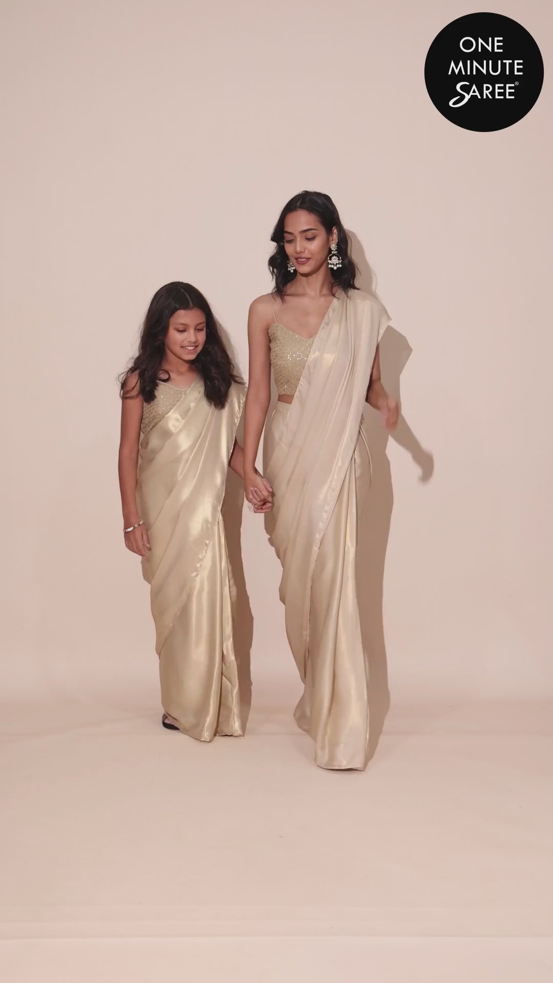 Deva Champagne Gold Silk One Minute Saree for Kids & Tweens