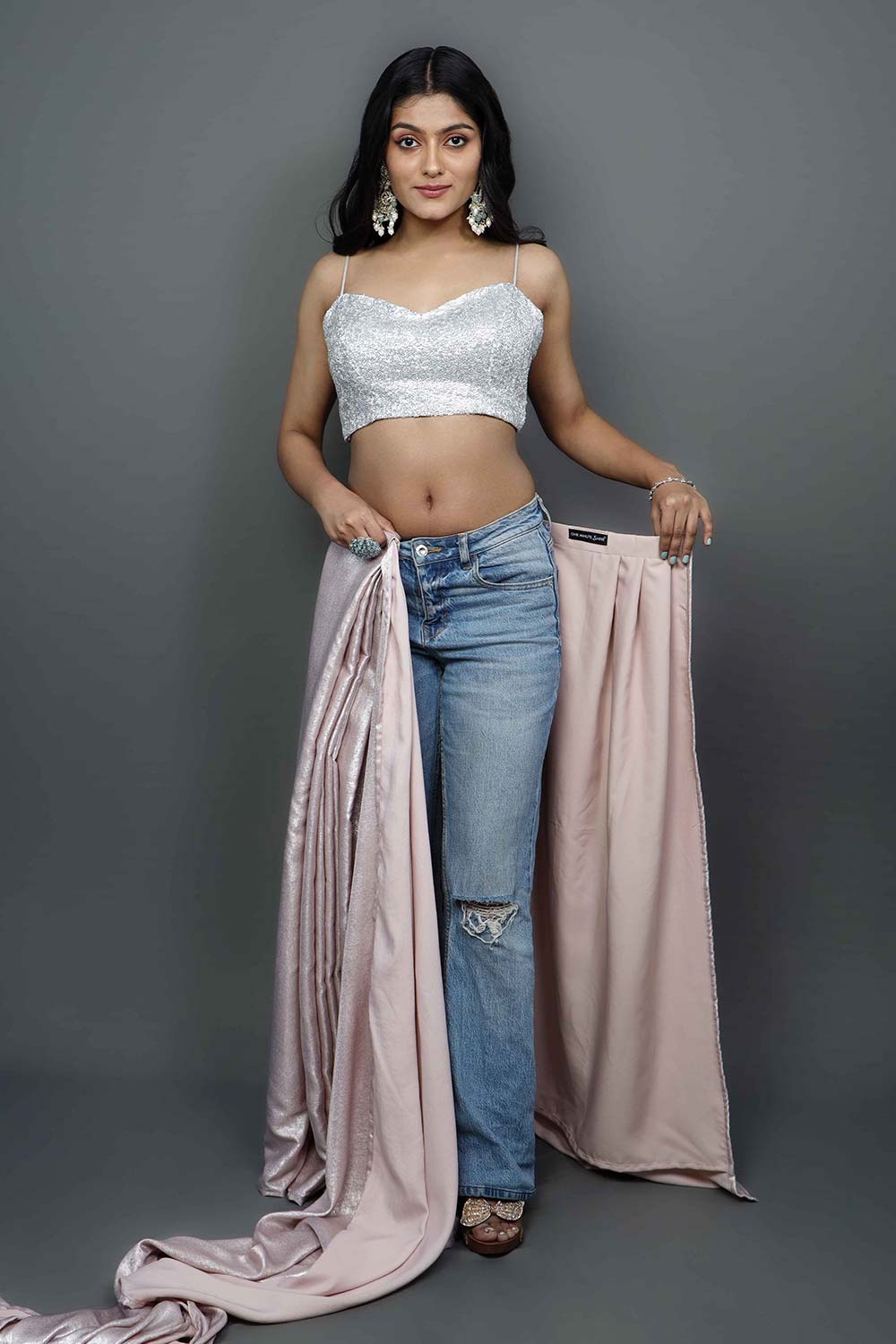 Sylvie Pink Viscose Shimmer Ready to Wear One Minute Saree