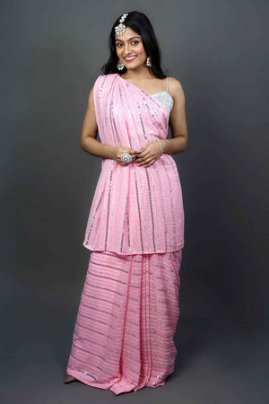 Puja Pink Georgette Silver Sequins One Minute Saree