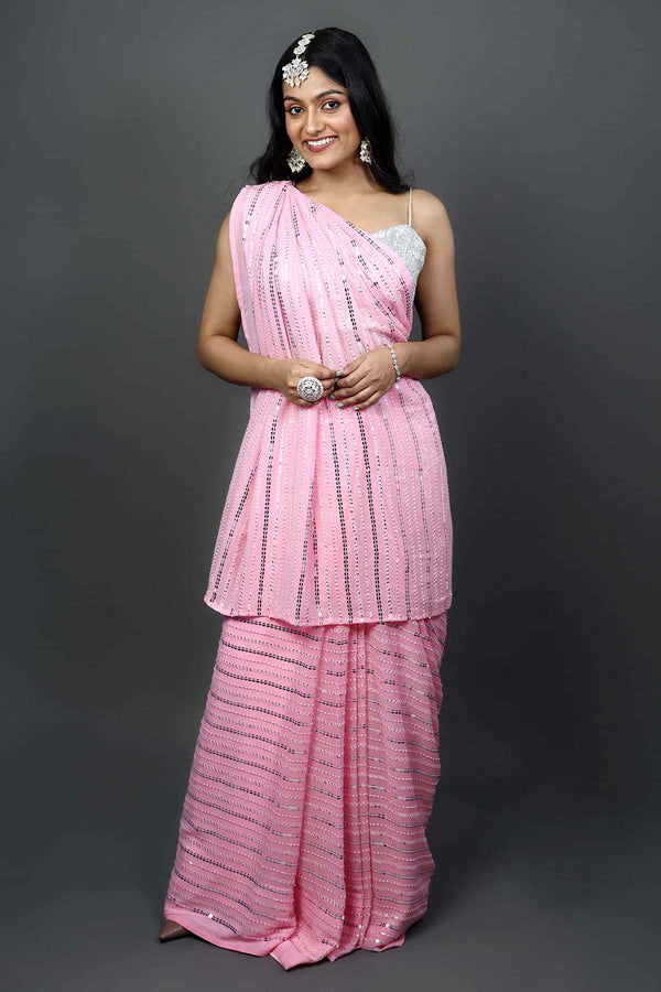 Puja Pink Georgette Silver Sequins One Minute Saree