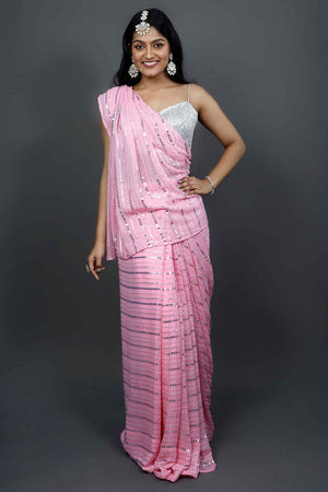 Puja Pink Georgette Silver Sequins One Minute Saree