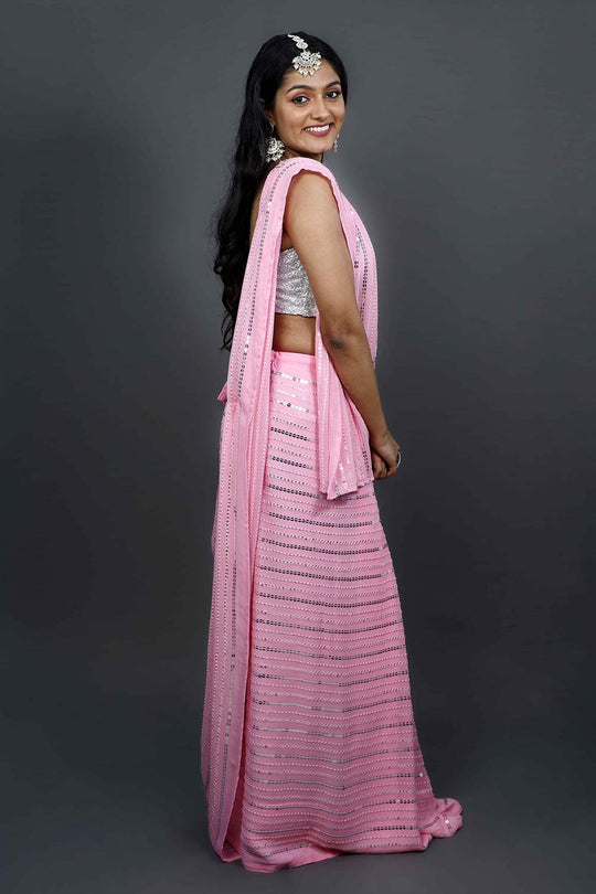 Puja Pink Georgette Sequins Ready to Wear One Minute Saree