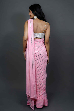 Puja Pink Georgette Silver Sequins One Minute Saree