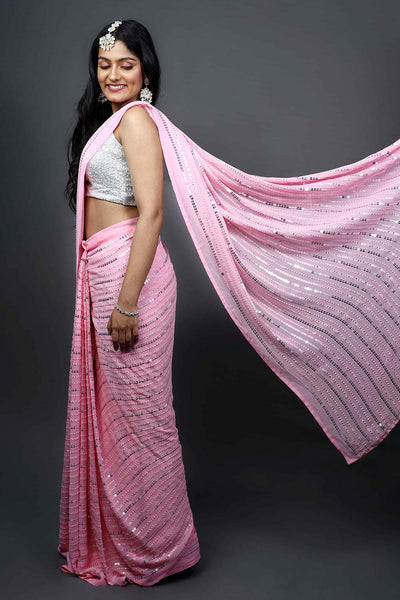 Puja Pink Georgette Silver Sequins One Minute Saree