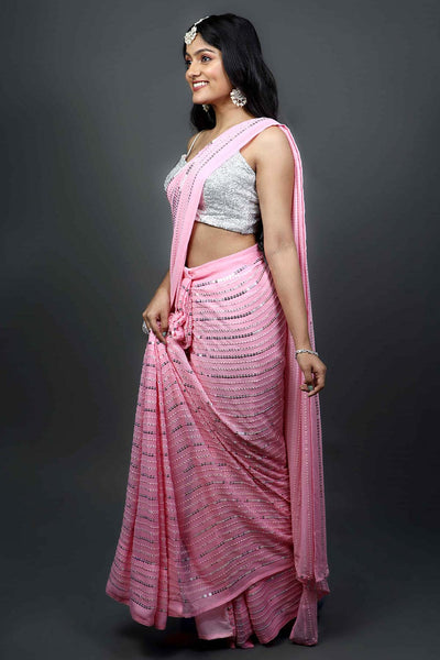 Puja Pink Georgette Silver Sequins One Minute Saree