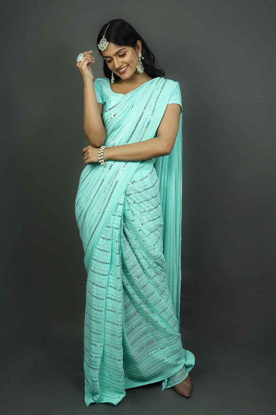 Ariel Turquoise & Silver Sequins One Minute Saree
