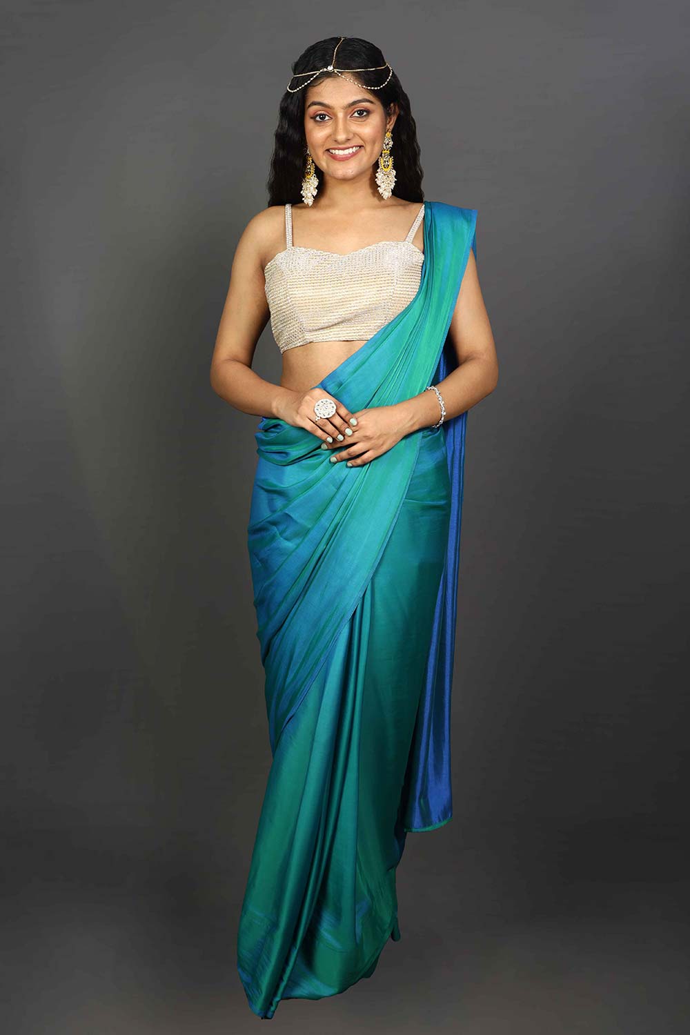 Shana Blue Satin Ombre Ready to Wear One Minute Saree