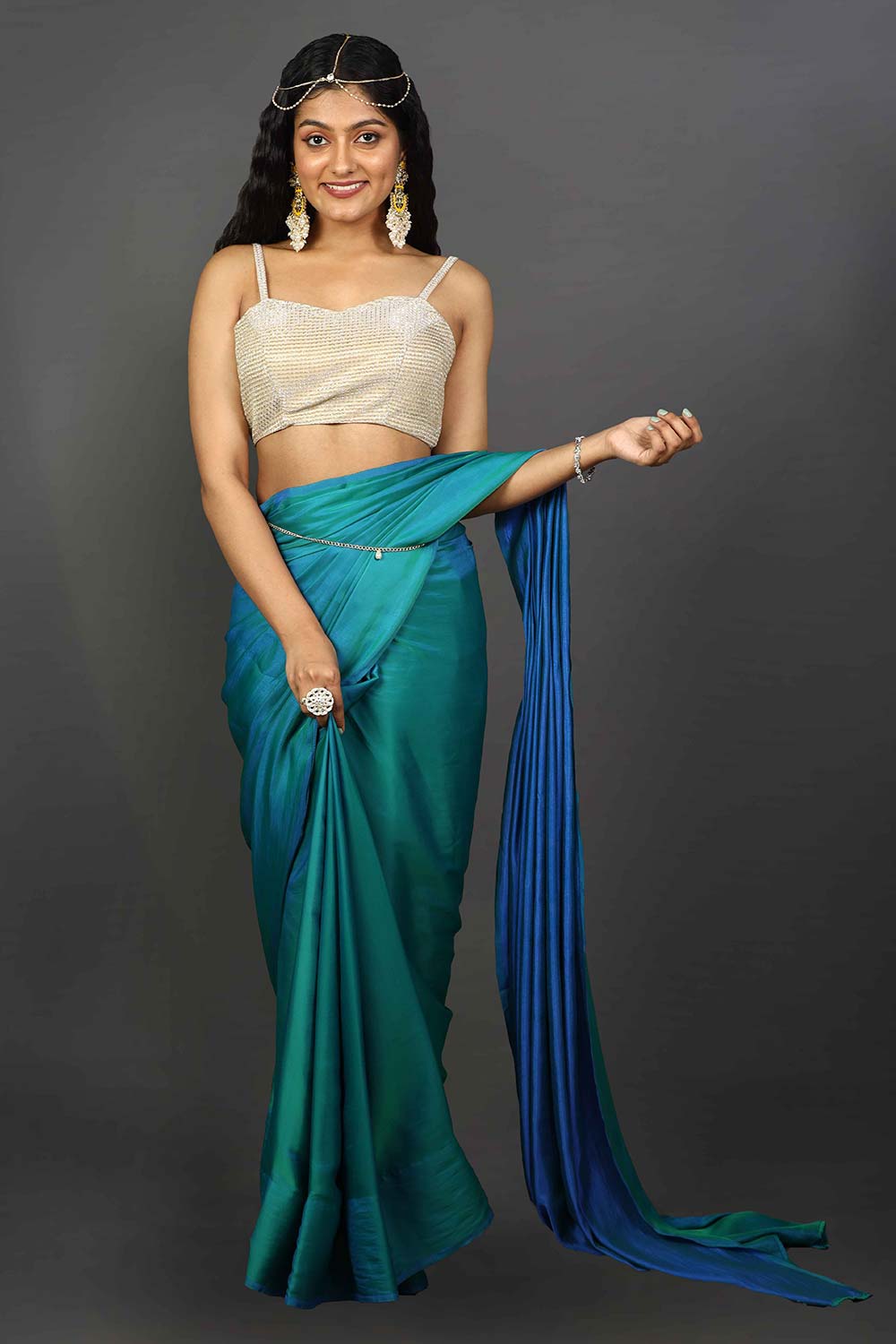 Shana Blue Satin Ombre Ready to Wear One Minute Saree