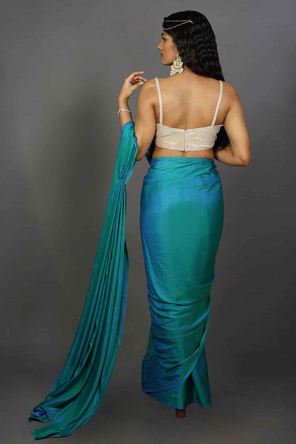 Shana Ombre Peacock Blue Satin One Minute Saree