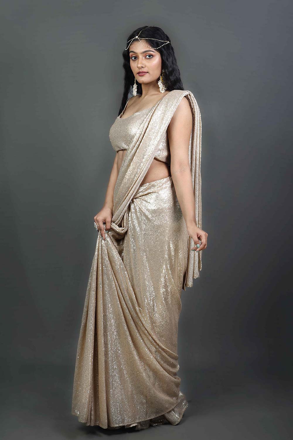Lara Matte Gold Sequins One Minute Saree