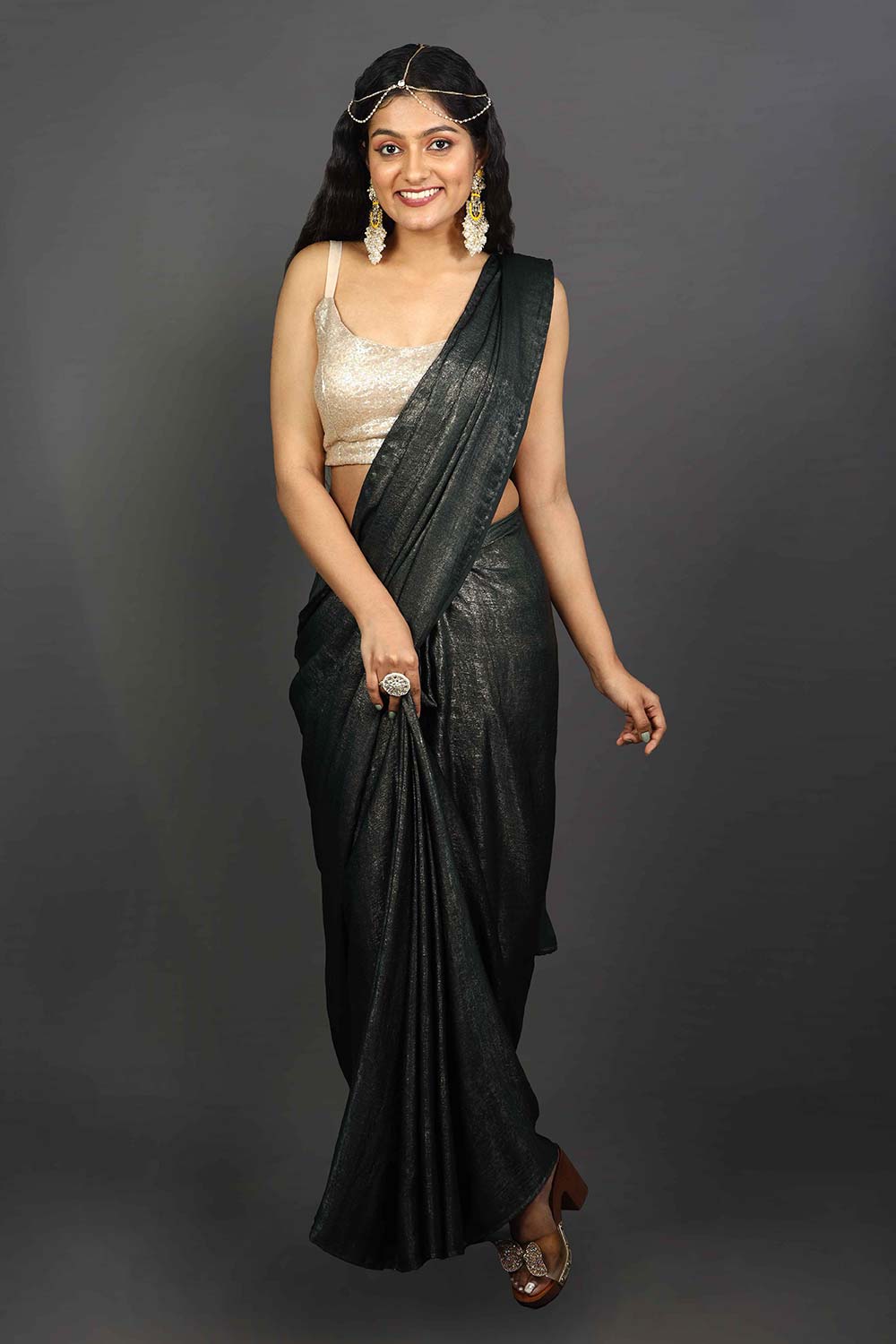 Grey And Gold Shimmer One Minute Saree