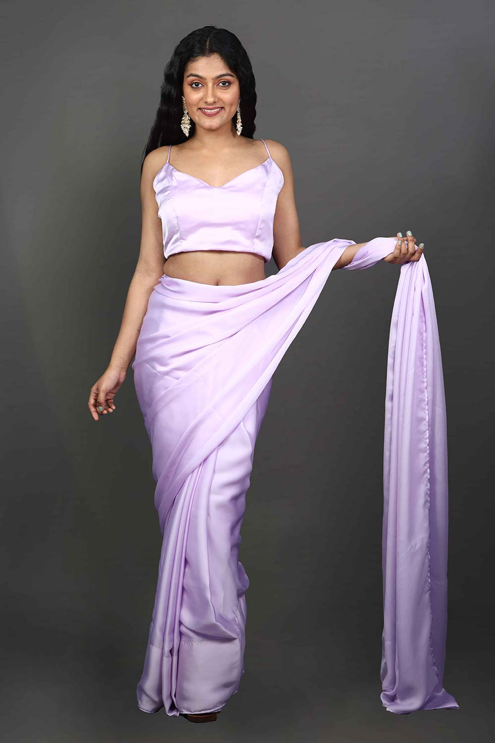 Lorraine Light Lavender Plain Satin One Minute Saree