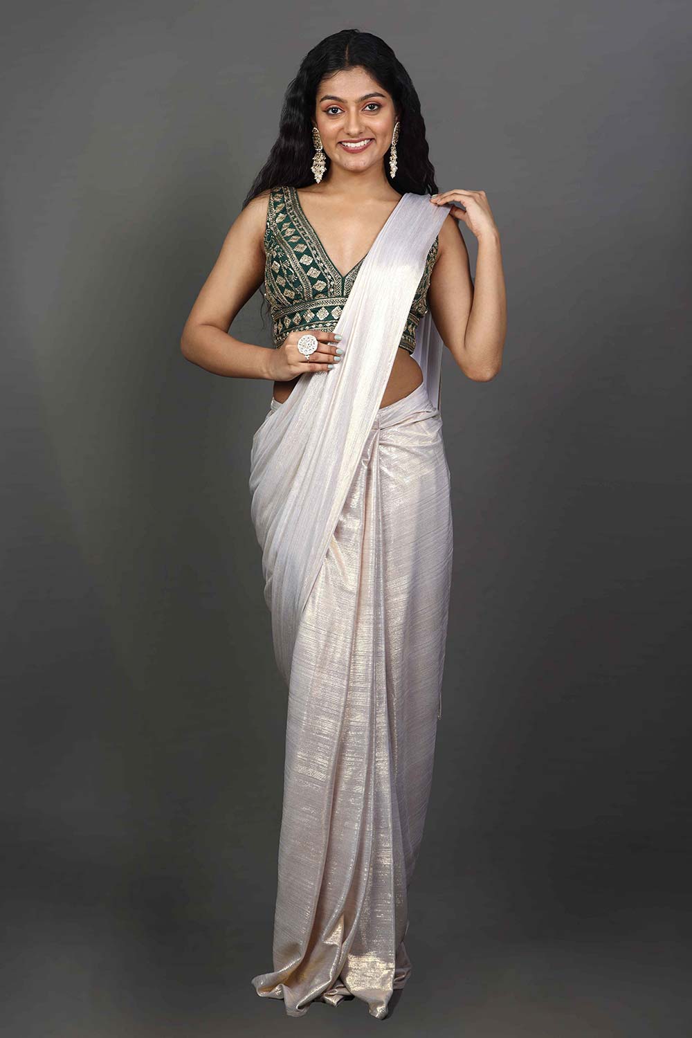 Buy Gold Foil Jersey V Neck Metallic Pre-draped Saree With Blouse For Women  by Tarun Tahiliani Online at Aza Fashions.