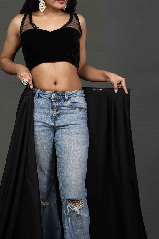 Maya Black Satin Solid Ready to Wear One Minute Saree