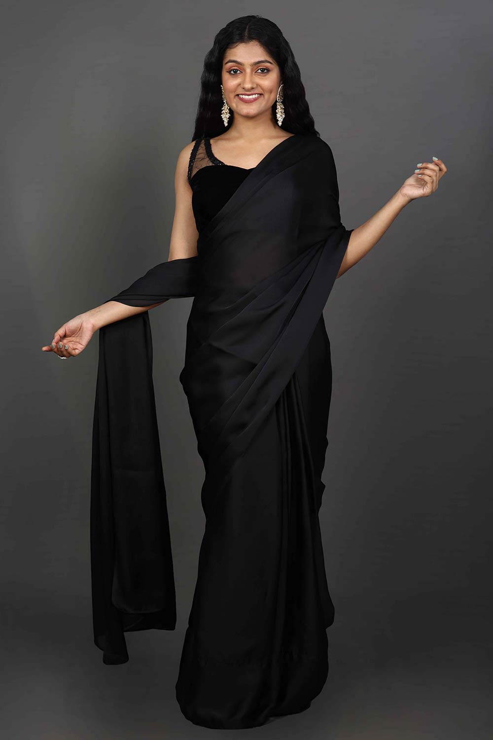 Maya Black Satin Solid Ready to Wear One Minute Saree