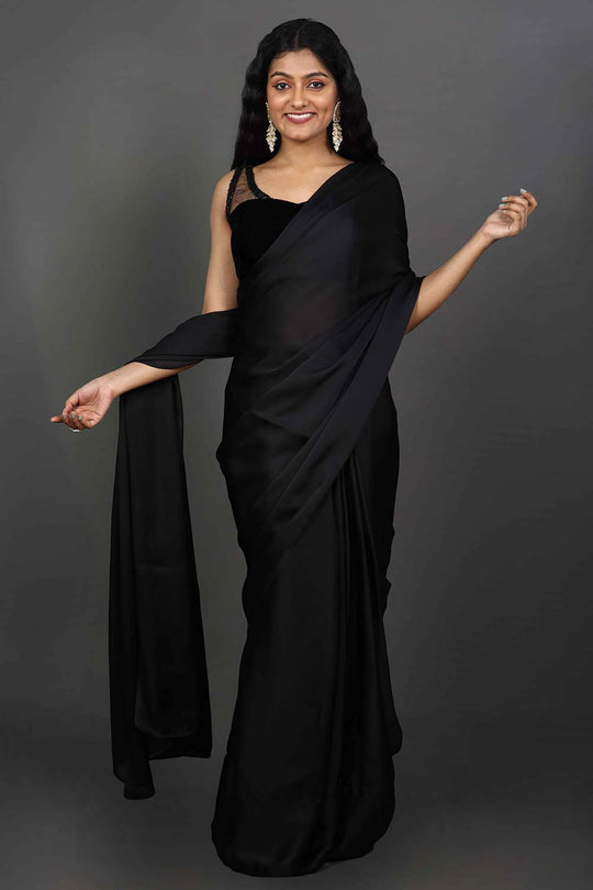 Maya Black Satin Solid Ready to Wear One Minute Saree