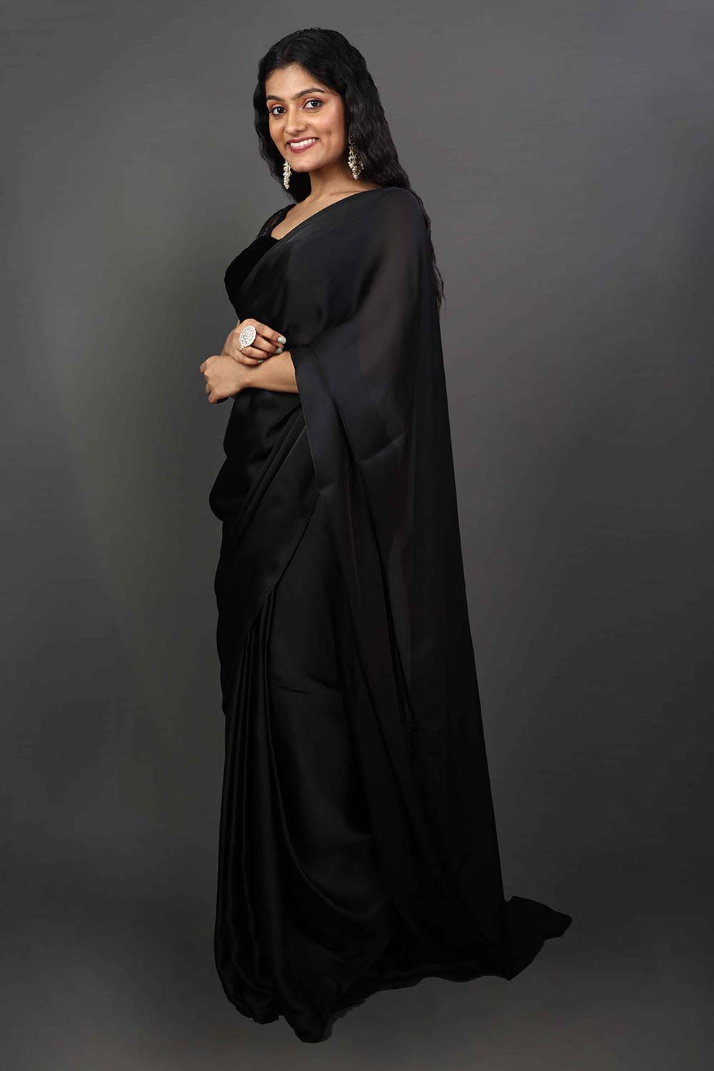 Maya Black Satin Solid Ready to Wear One Minute Saree