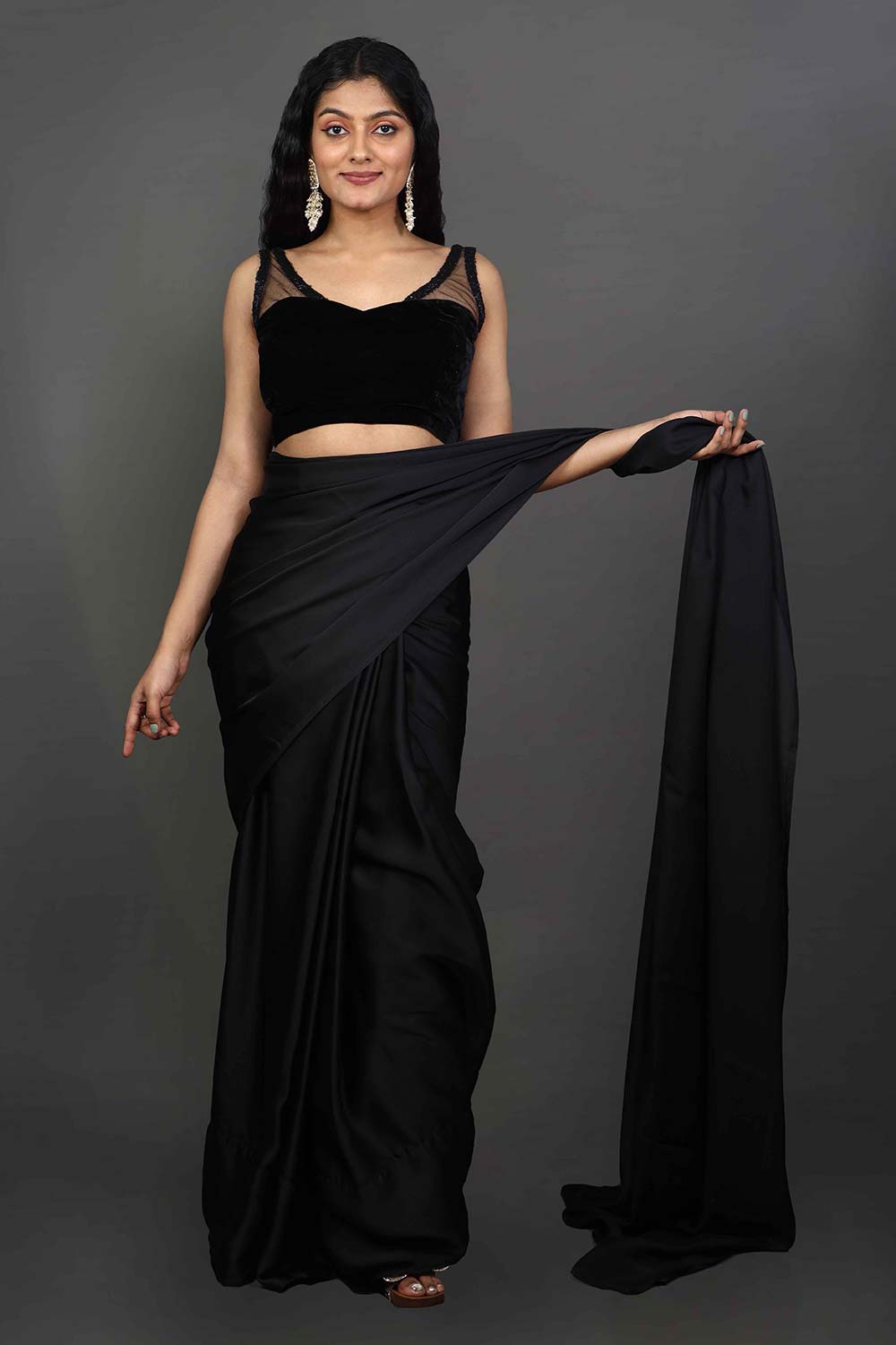 Maya Black Satin Solid Ready to Wear One Minute Saree